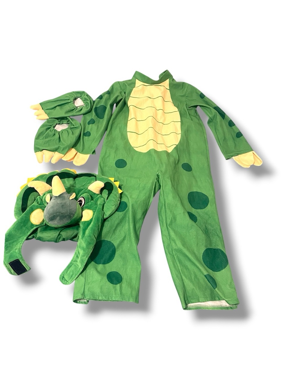Green Triceratops Kids Costume with Headpiece and Claws Small Unisex